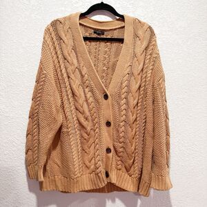 Quince 100% Organic Cotton Oversized Cable Cardigan Womens Small Camel Sweater